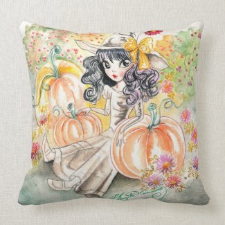 Cute Big Eye Halloween Witch in Pumpkin Patch Pillows