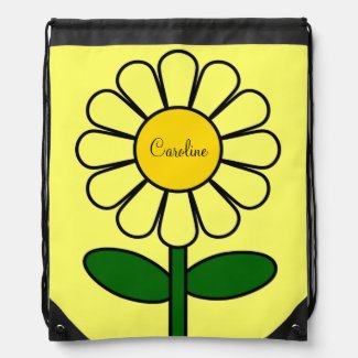 Cute Big Yellow Daisy Flower Optional Custom Name Drawstring Bags