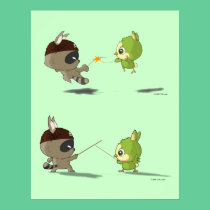 Cute bird raccoon fencing cartoon character poster posters