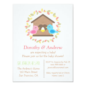 Cute Birdhouse Leaves Wreath Bird Baby Shower Custom Invitation Card