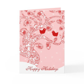 Cute Birds Damask Swirl Tree Stars Happy Holidays card