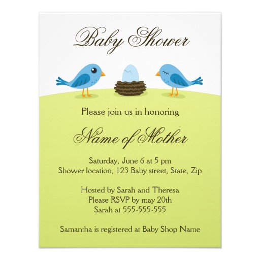 Cute birds with blue egg baby shower invitation