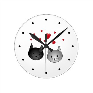 Cute Black and Gray Cats, with Hearts. Clock