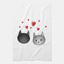 Cute Black and Gray Cats, with Hearts. Kitchen Towels
