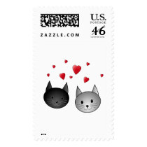 Cute Black and Gray Cats, with Hearts. Postage Stamps