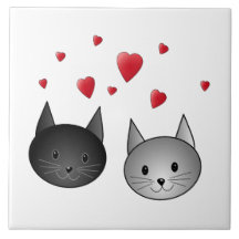 Cute Black and Gray Cats, with Hearts. Tiles