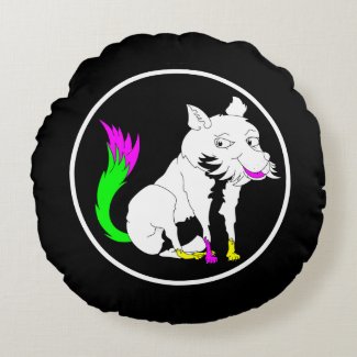 Cute Black and White Fox With a Colorful Tail Round Pillow
