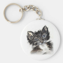 Cute Black and White Kitten Keychain
