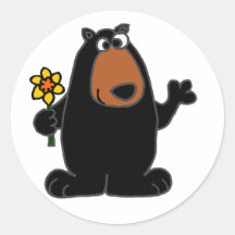 Cute Black Bear with Daffodil Cartoon Round Stickers