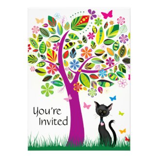 Cute Black Cat and Flower Tree Birthday Invitation