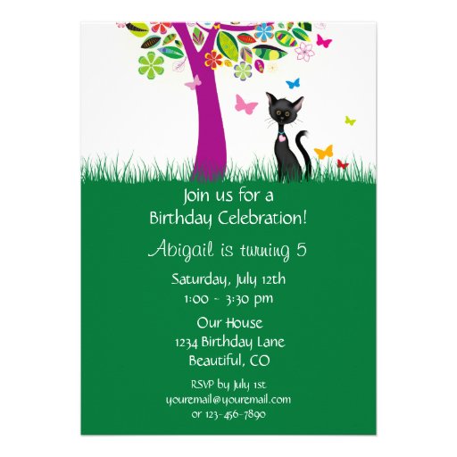 Cute Black Cat and Flower Tree Birthday Invitation