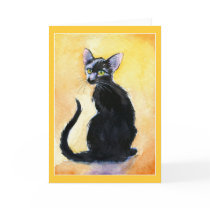 Cute black cat or kitten watercolor greeting card