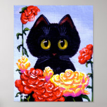 Cute Black Cat Roses Flowers Big Eyes Creationarts Poster