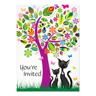 Cute Black Cats and Flower Tree Baby Shower Invite