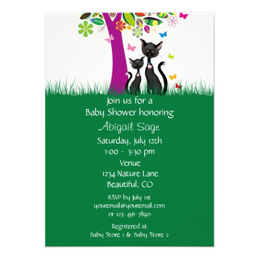 Cute Black Cats and Flower Tree Baby Shower Invite
