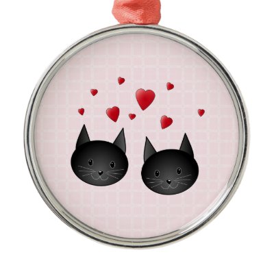 Cute Black Cats with Hearts on pale pink Custom Christmas Ornaments by