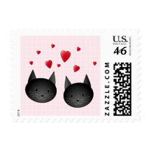 Cute Black Cats with Hearts, on pale pink. Postage