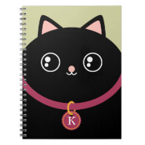 Cute Black Kitty Face Custom Name Monogram notebooks