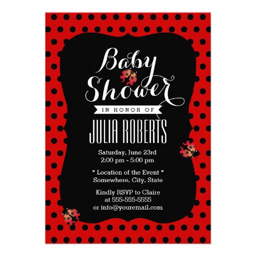 Cute Black & Red Dots Ladybugs Baby Shower Custom Invitation