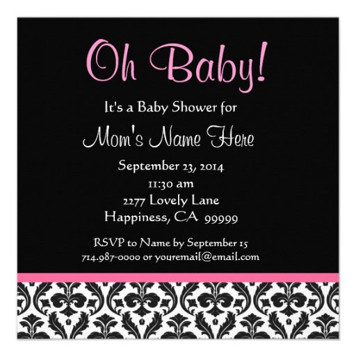 Cute Black White Feather Pink Damask Baby Shower Custom Invitations