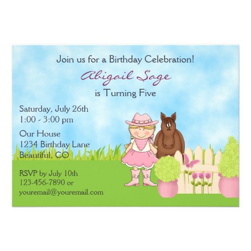 Cute Blond Cowgirl and Horse Birthday Invitation