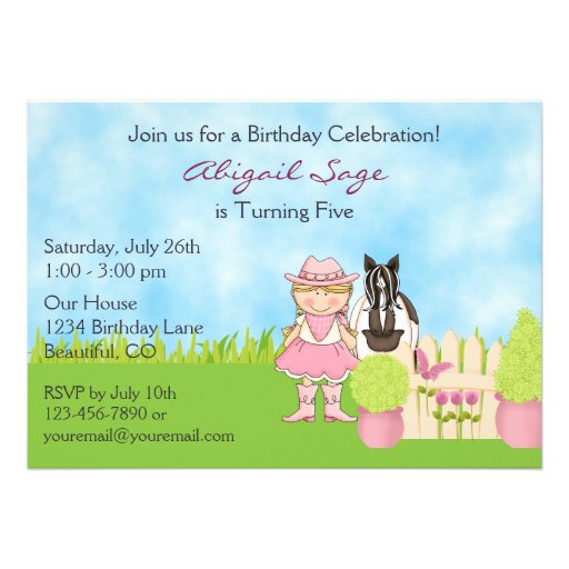 Cute Blond Cowgirl and Horse Birthday Invitation