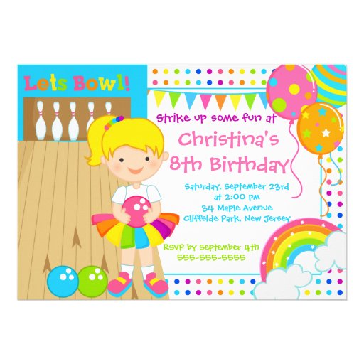 Cute Blond Girl Bowling Birthday Party Invitations