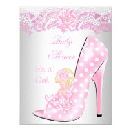 Cute Blonde Baby Shower Girl Pink Baby Shoe 4.25" X 5.5" Invitation Card
