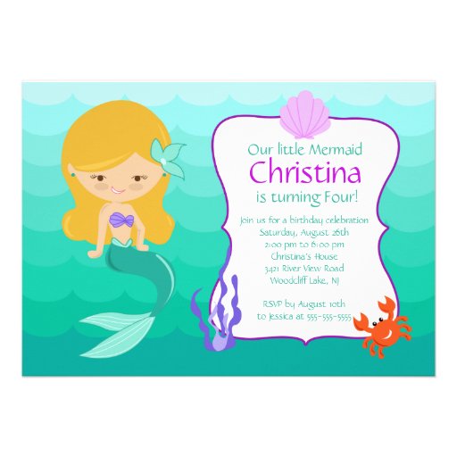 Cute Blonde Mermaid Birthday Invitation