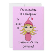 Cute blonde pajama girl chibi in pink sleepover personalized invites