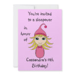 Cute blonde pajama girl chibi in pink sleepover personalized invites