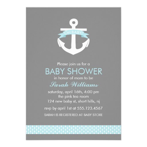 Cute Blue Anchor Nautical Theme Baby Shower Custom Announcement (front side)