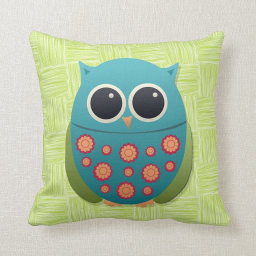 Cute Blue and Green Owl Red on Light Green Pillow Throw Pillow Zazzle