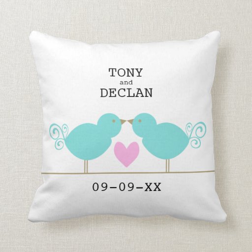 Cute Blue Birds With Pink Heart Pillow Zazzle