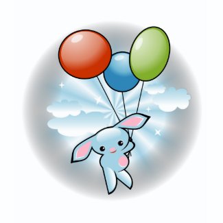 Cute Blue Bunny Flying with Balloons on White T-Shirt