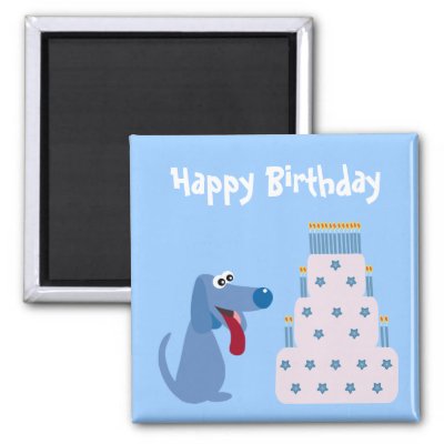 happy birthday cartoon cake. Blue square magnet with a cute cartoon illustration of a blue dog and a irthday cake amp; the words Happy Birthday. Text amp; background color are customizable