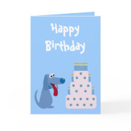 Cute blue cartoon dog & cake Birthday card