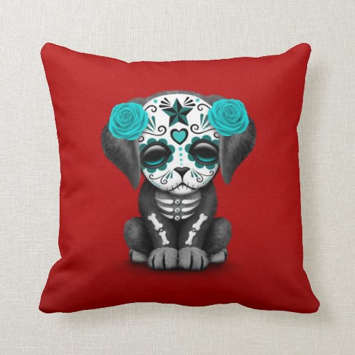 Cute Blue Day of the Dead Puppy Dog Red Throw Pillow Zazzle