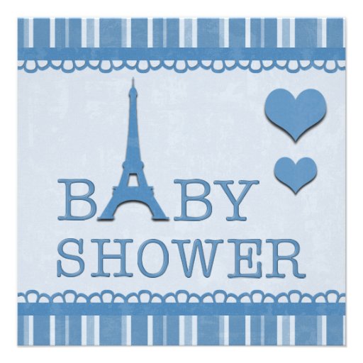 Cute Blue Eiffel Tower and Hearts Baby Shower Personalized Invitations
