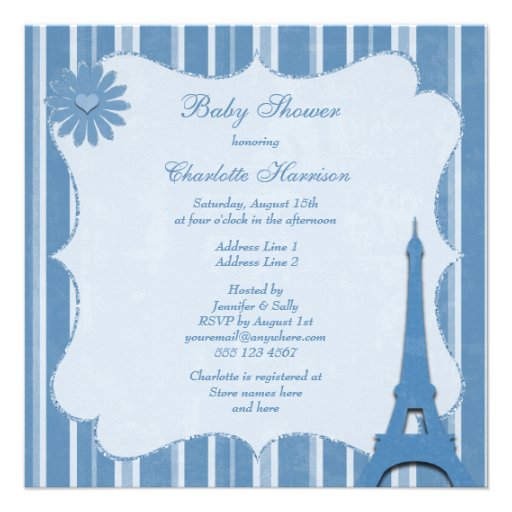 Cute Blue Eiffel Tower and Hearts Baby Shower Personalized Invitations
