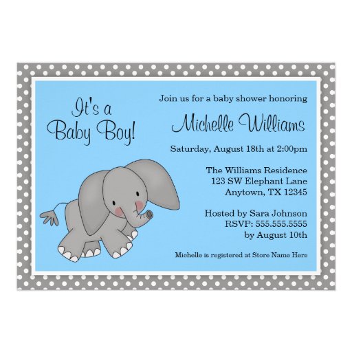 Cute Blue Elephant Boy Baby Shower Custom Announcement (front side)