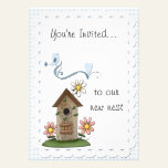 Cute Blue Gingham and Birdhouse Housewarming Party invitations
