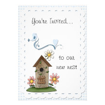 Cute Blue Gingham and Birdhouse Housewarming Party Personalized Invites