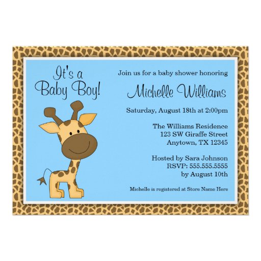 Cute Blue Giraffe Boy Baby Shower Personalized Invitation (front side)