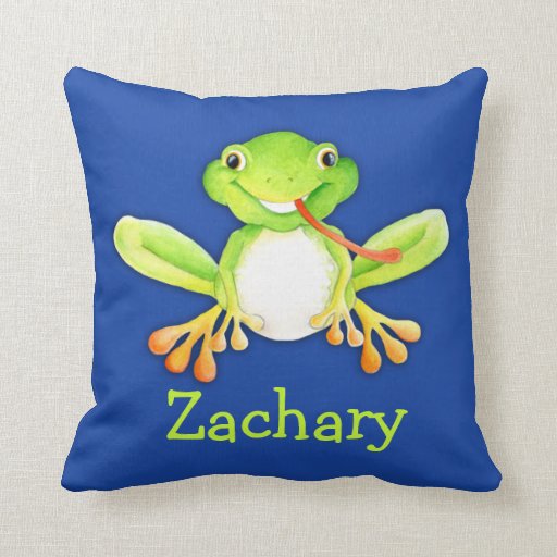 Cute blue & green kids name frog pillow Zazzle