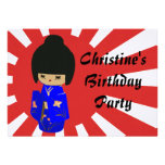Cute Blue  Kawaii Kokeshi Doll Birthday Invitation
