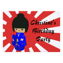 Cute Blue  Kawaii Kokeshi Doll Birthday Invitation invitations