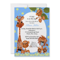 Cute Blue Monkey & Pals Boy Baby Shower Custom Invites