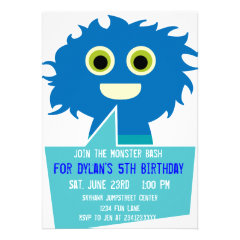Cute Blue Monster Birthday Invitations Kids Party