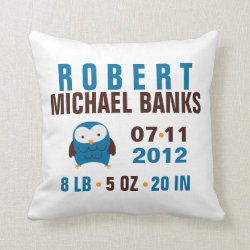 Cute Blue Owl Birth Announcement Pillows